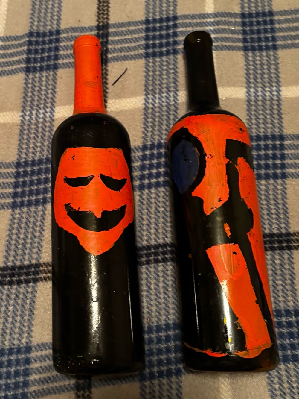 Hand-Painted Orange & Black Decorative Wine Bottle Art